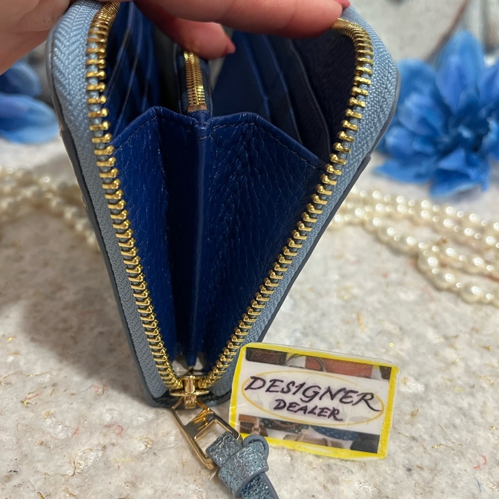 TORY BURCH Blue and White Metallic Scallop Zip Around Wallet - Picture 9 of 12